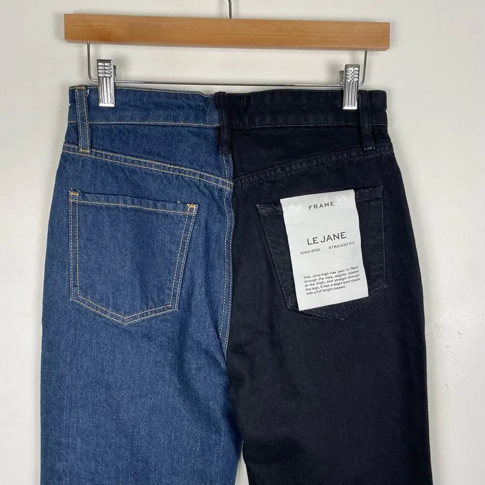 Frame NWT Le Jane High Rise Straight Leg Two Tone Colorblock Jeans Dell Noir 25
